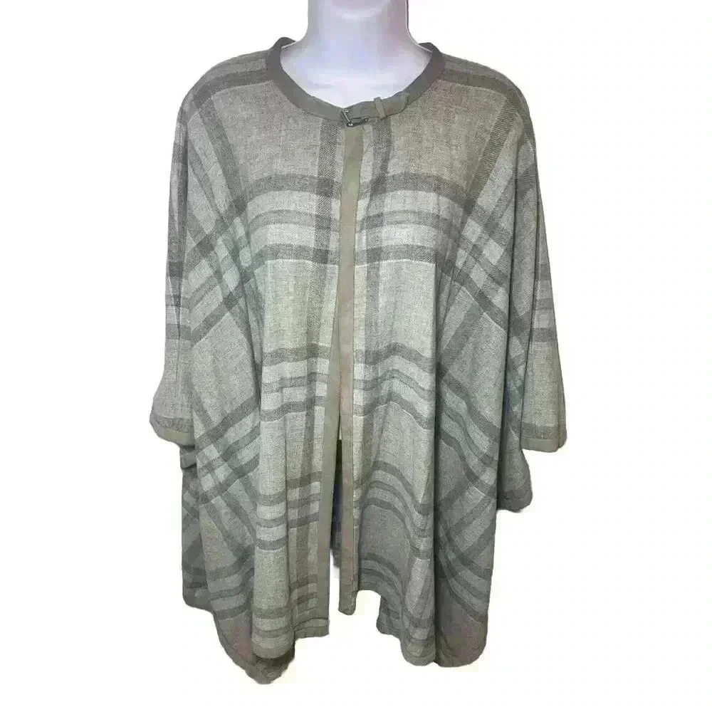 Lauren Ralph Lauren Wool Cashmere Plaid Cape Poncho Suede Trim Gray S/M